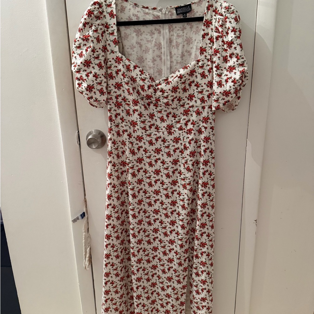 Danielle Bernstein White Red Floral Puff Sleeve Midi Dress Size 10